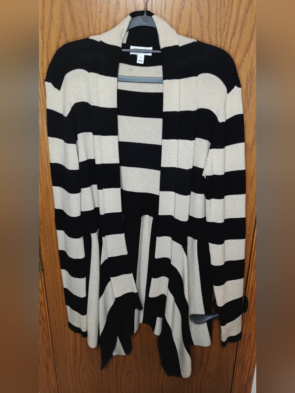 Women's St John's Bay Black & Cream Striped Open-Front Cardigan, Size L